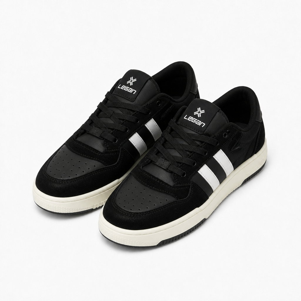 Black suede court sneakers with two white stripes