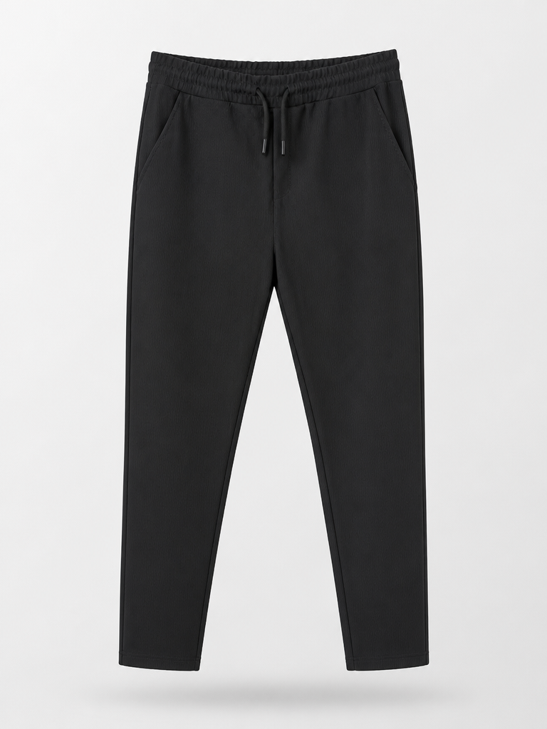 Black ribbed drawstring trousers