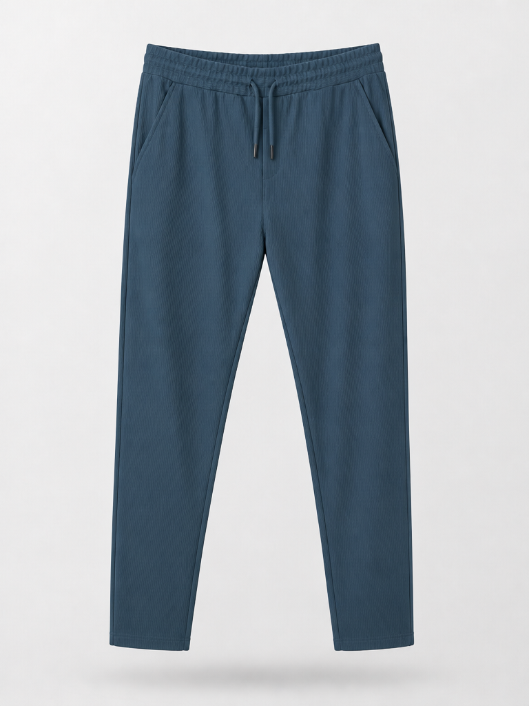Petrol blue ribbed drawstring trousers