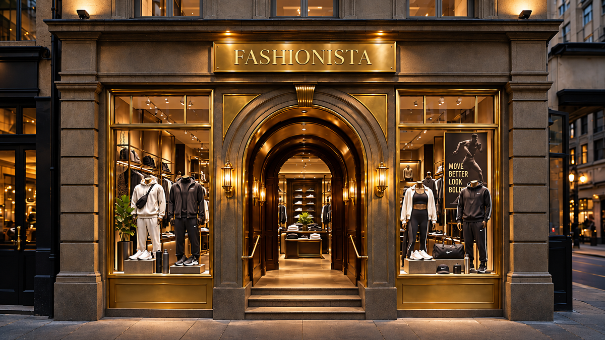 Fashionista storefront at dusk, brass sign and lit windows