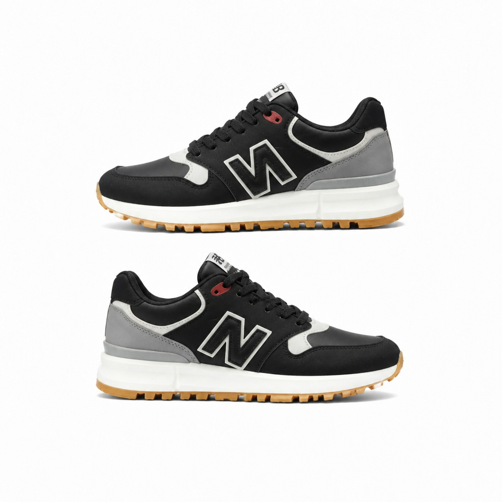 Black retro runners with grey panels and gum outsole