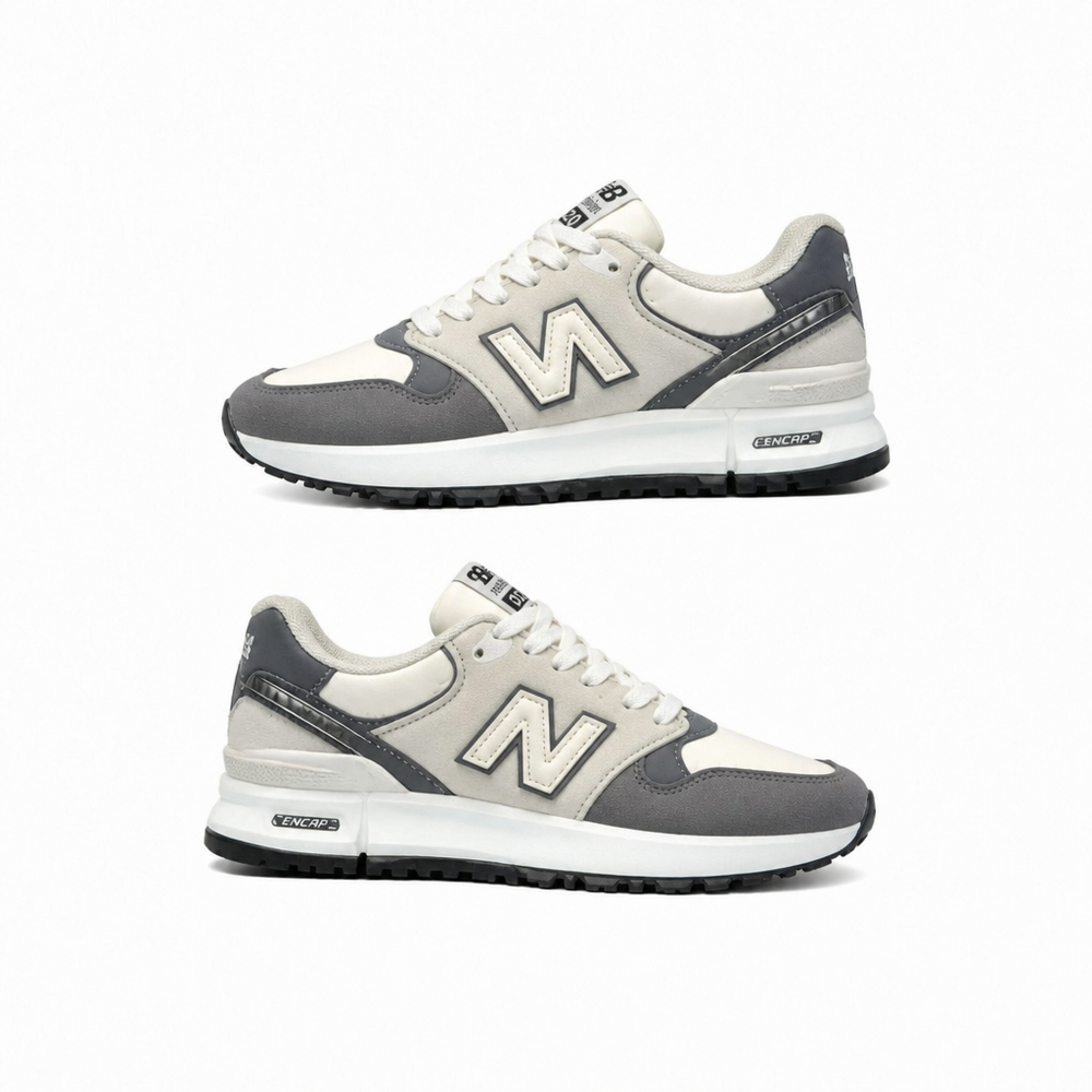 Cream and grey retro runners, side views
