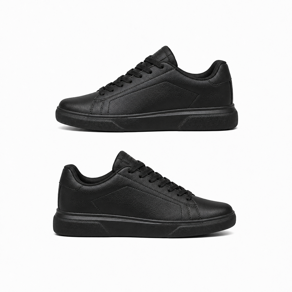 All black leather sneakers with a tonal black sole