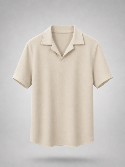 Ribbed Open Collar Polo in Beige