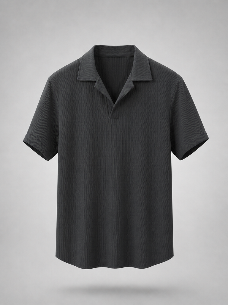 Charcoal ribbed open collar polo