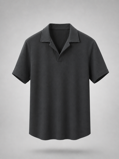 Ribbed Open Collar Polo in Charcoal