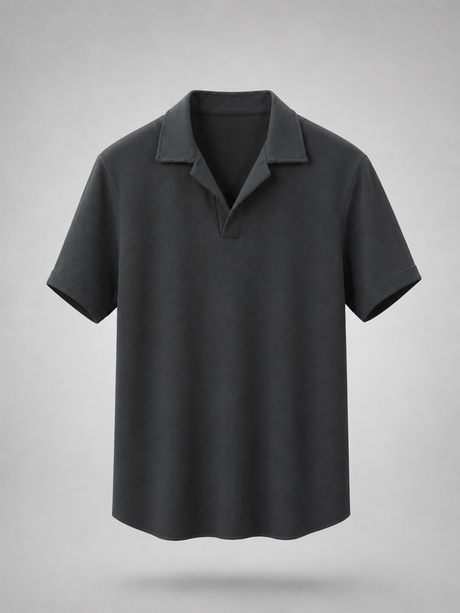 Ribbed Open Collar Polo in Charcoal