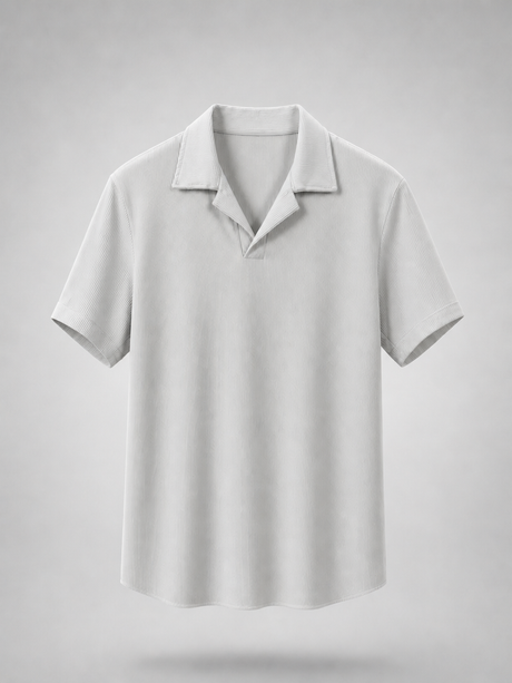 Ribbed Open Collar Polo in Grey