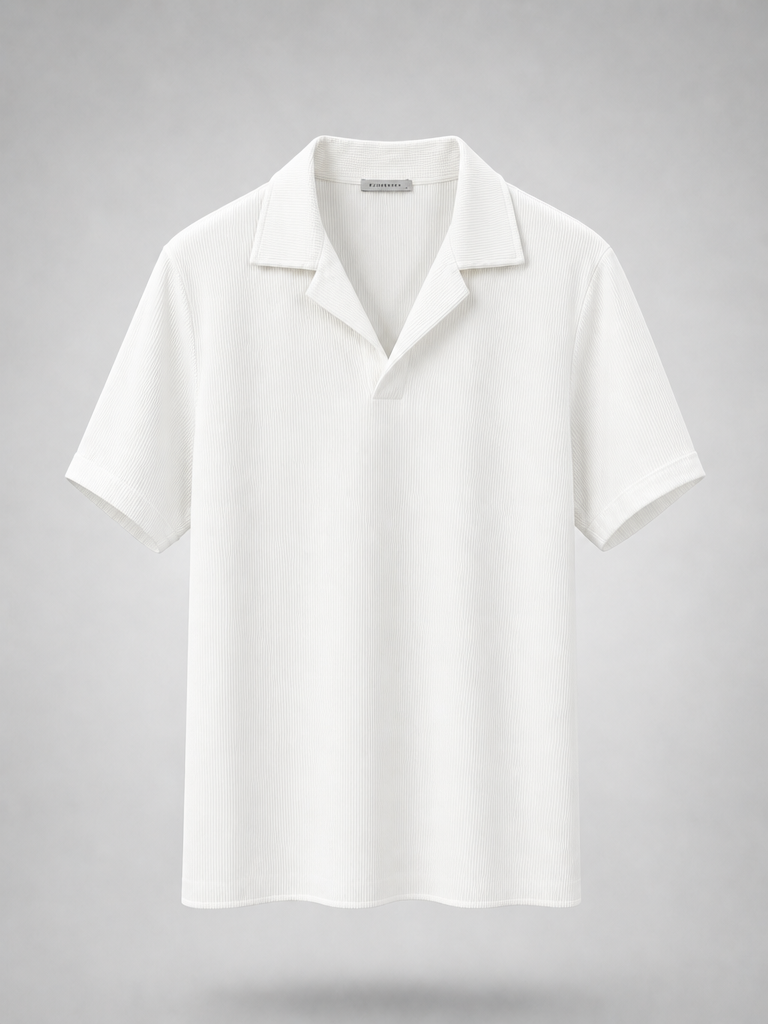 White ribbed open collar polo