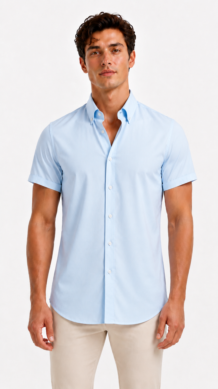 Sky blue short sleeve oxford shirt, worn