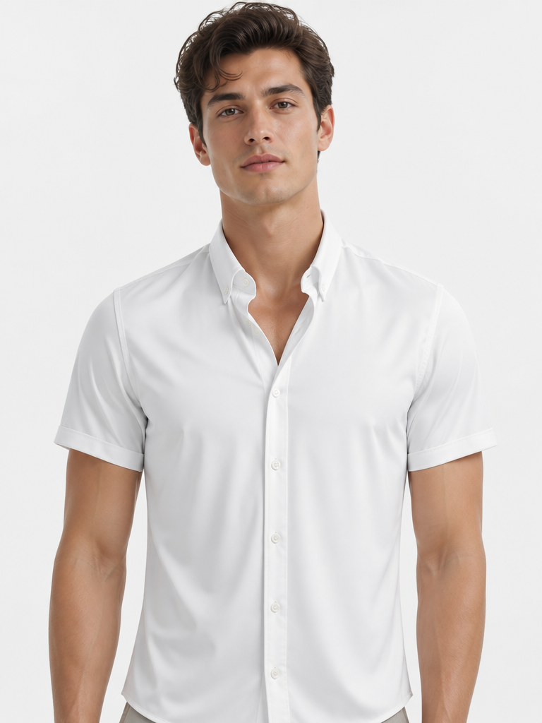 White short sleeve oxford shirt, worn