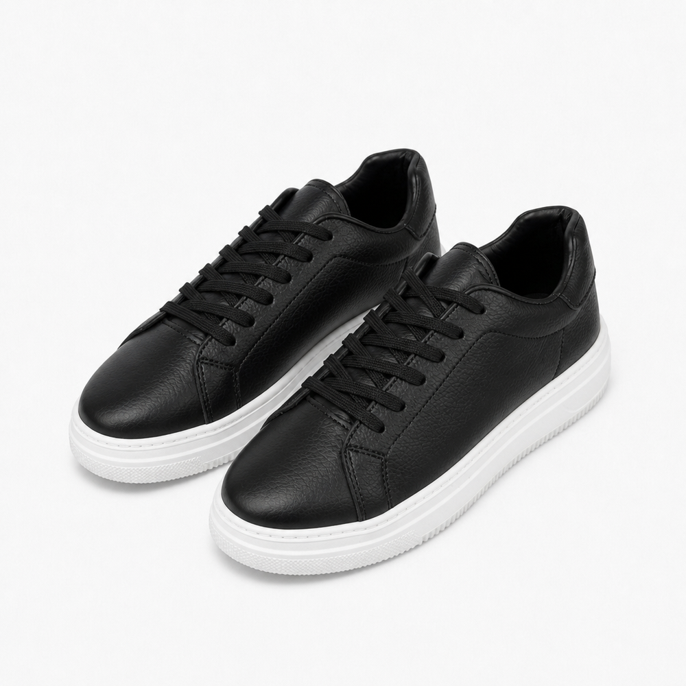 Black pebbled leather sneakers with a white cupsole