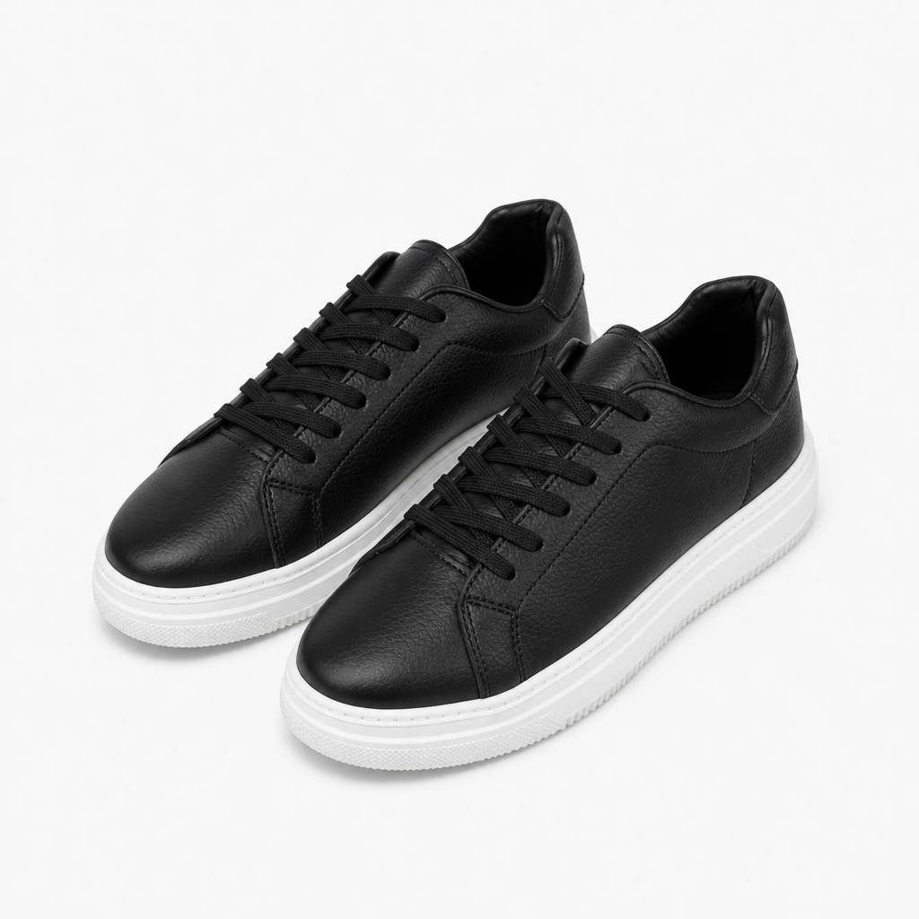 Black pebbled leather sneakers with a white cupsole