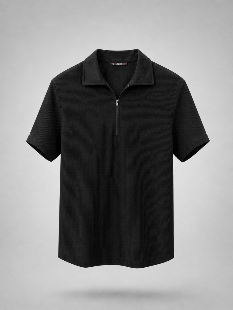 Black ribbed zip polo, detail