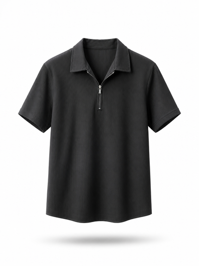 Ribbed Zip Polo in Black