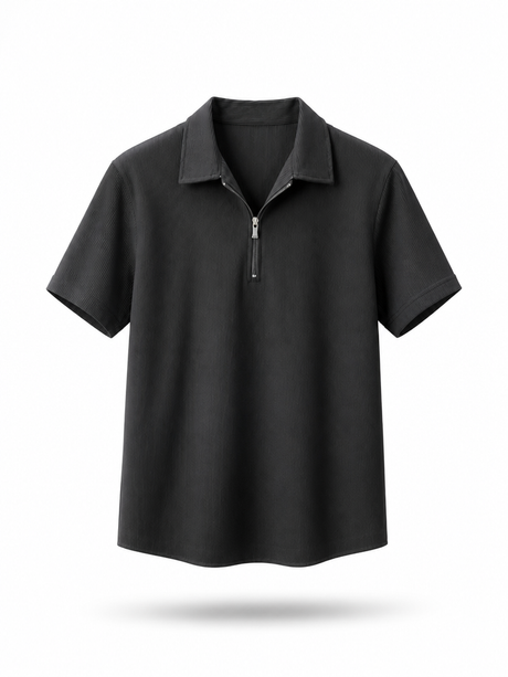 Ribbed Zip Polo in Black