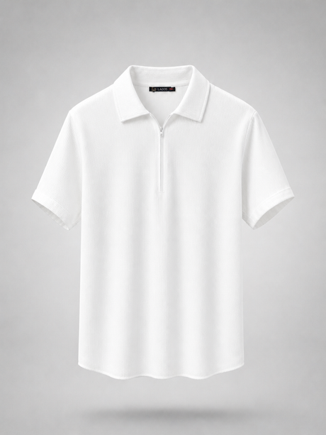 Ribbed Zip Polo in White